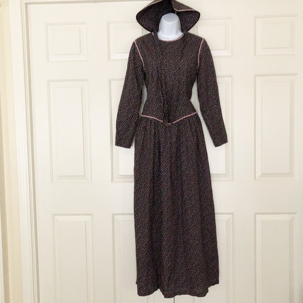 Handmade Prairie Long Dress Amish Mennonite Calico Print L/S Modest w Bonnet - Picture 2 of 11